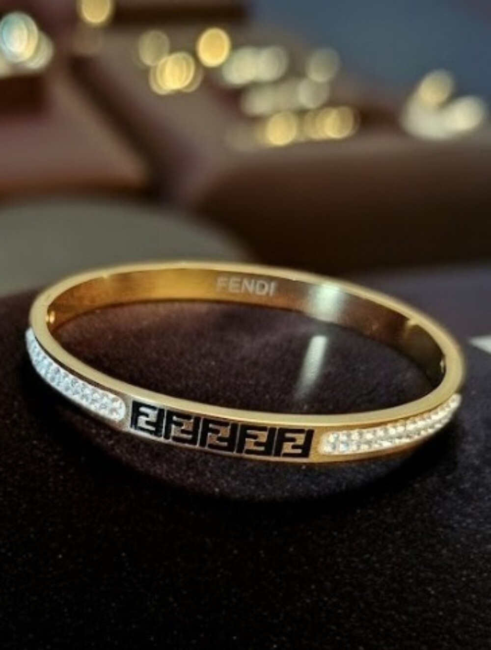 Fendi Gold Logo Pavé Bangle Bracelet